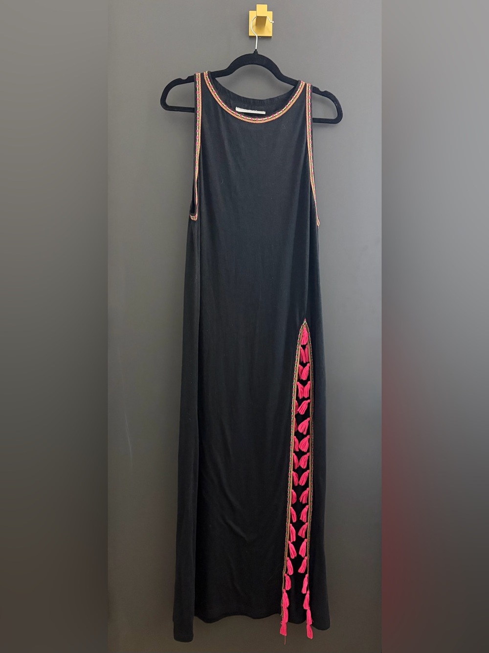 Pitusa Black Maxi Cover Up with Pink Tassel Trim